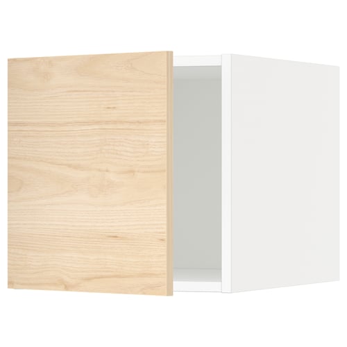 Modern light wood cabinet with white interior, adjustable hinges.