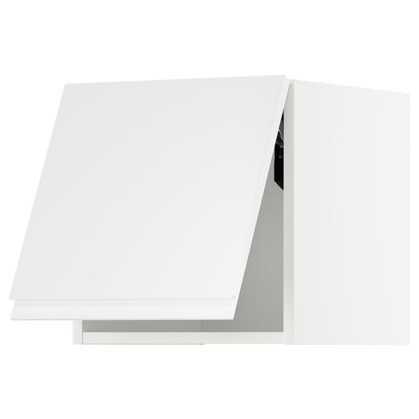 A modern white kitchen unit from IKEAs METOD system, featuring sleek, high-gloss doors with integrated handles.