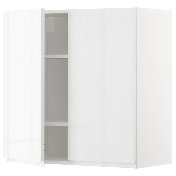A white high gloss METOD kitchen wall cabinet with adjustable shelves and integrated handles.
