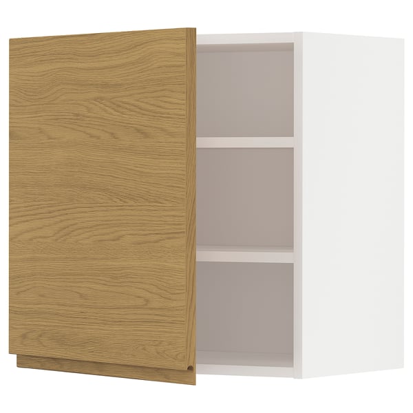 A wooden kitchen cabinet with a light oak finish and two shelves.
