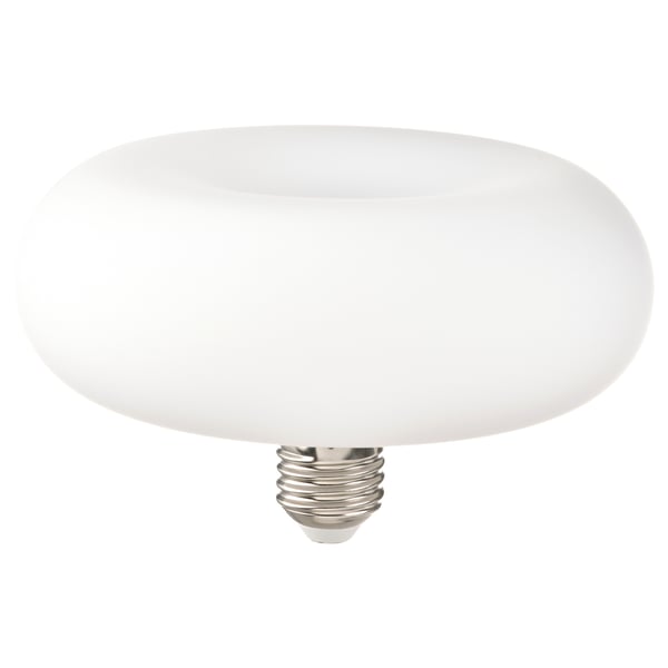 MOLNART led bulb, white, frosted glass, simple donut shape, warm light.