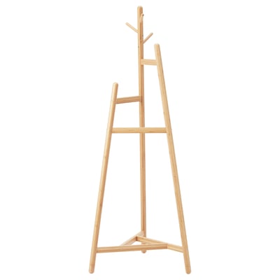 Natural bamboo valet stand with multiple hooks for organising clothes.