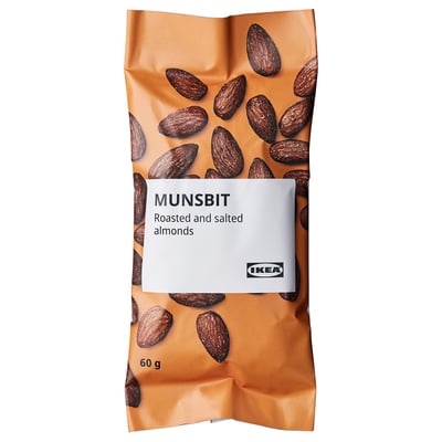 A package of IKEAs MUNSBIT roasted and salted almonds, containing 60g, ideal for an energy boost.