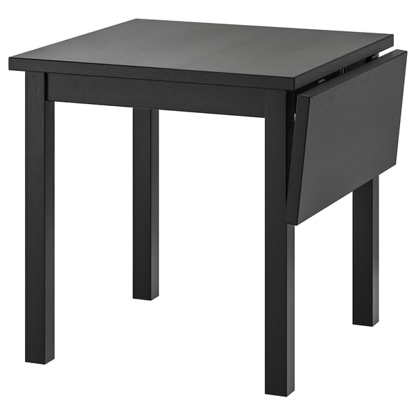 Black drop-leaf table, minimalist design, sturdy construction, square top.