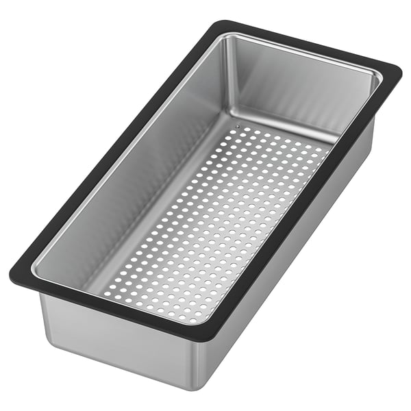 NORRSJÖN colander fits vresjön sinks, stainless steel with black rubber edges, rectangular, sleek design.