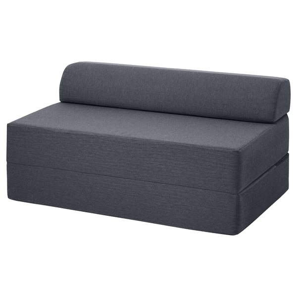 Dark grey NYKIL fold-out sofa-bed, modern minimalist design with cushioned seat and back.