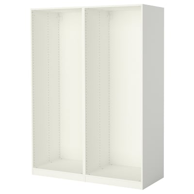 A white IKEA PAX wardrobe frame, rectangular, minimalist with holes for customising shelves.