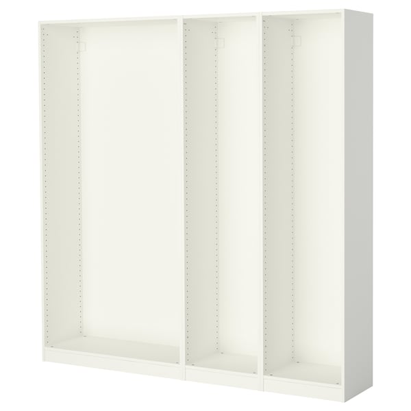 IKEA PAX wardrobe: white, modular, with multiple compartments for storage, featuring adjustable feet for floor levelling.
