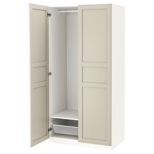 Open beige wardrobe, PAX, narrow frame, soft closing hinges, white interior, shelves, and hanging rail.