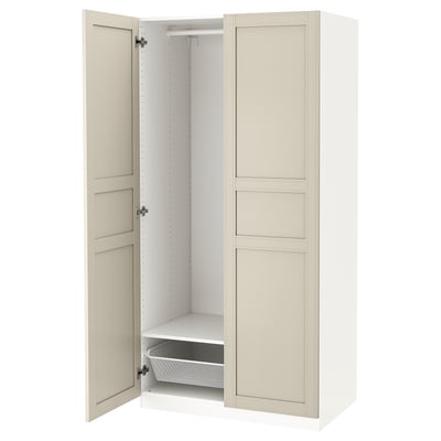 Open beige wardrobe, PAX, narrow frame, soft closing hinges, white interior, shelves, and hanging rail.