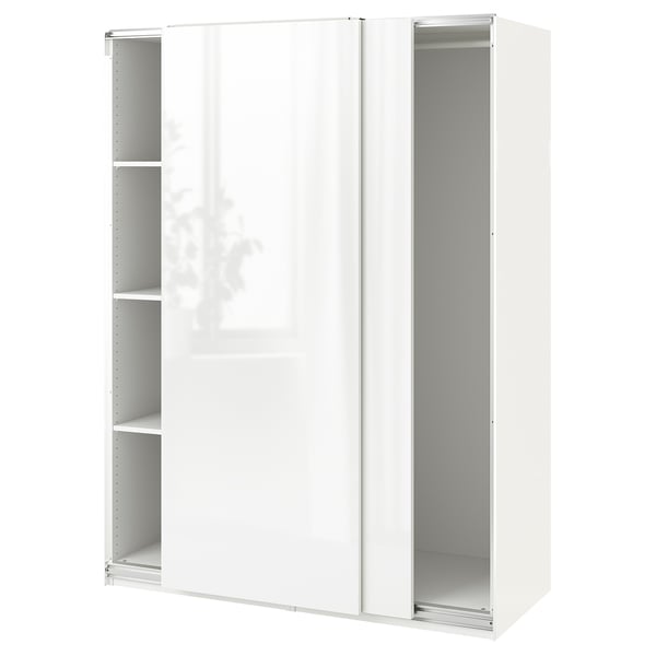 White PAX wardrobe, high gloss finish, sliding doors, rectangular shape, modern design.