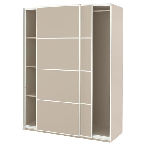 An IKEA PAX wardrobe in beige. Its a modern, rectangular, sliding-door wardrobe with a minimalist design.
