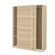 A light-colored wooden PAX wardrobe with sliding doors and shelves.