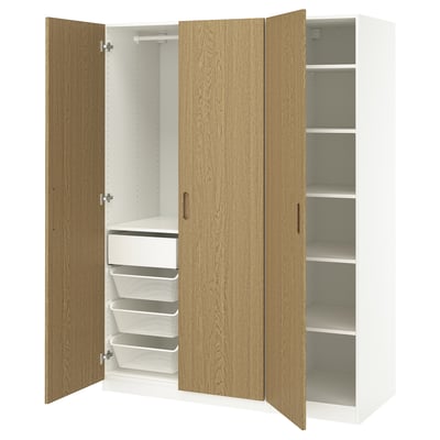 PAX wardrobe: light wood, white interior, multiple shelves, 2 doors, mesh drawers.