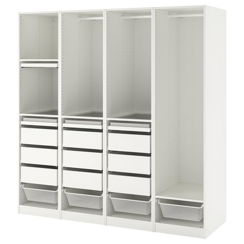 A white ikea PAX wardrobe, featuring open shelves and compartments, with metallic mesh baskets and pull-out trays.