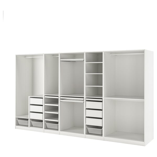 White PAX wardrobe system with shelves, drawers, and hanging space.