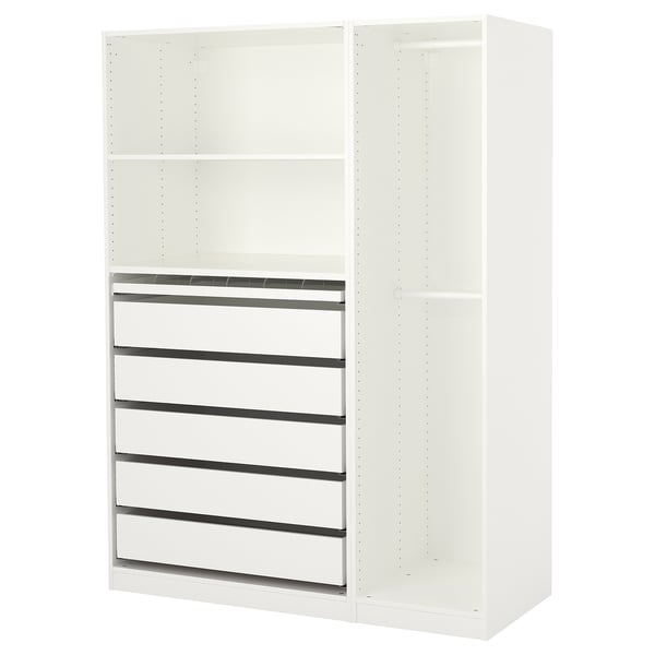 A white ikea PAX wardrobe with multiple shelves and pull-out trays for organization.