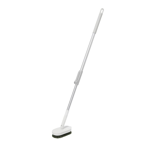 A long-handled cleaning brush with green bristles for scrubbing, designed to attach to a telescopic handle for extended reach.