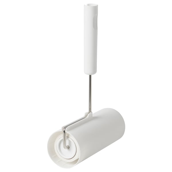 A white PEPPRIG lint roller with an extendable handle. It a cylindrical shape with a metal spiral for easy sheet replacement.