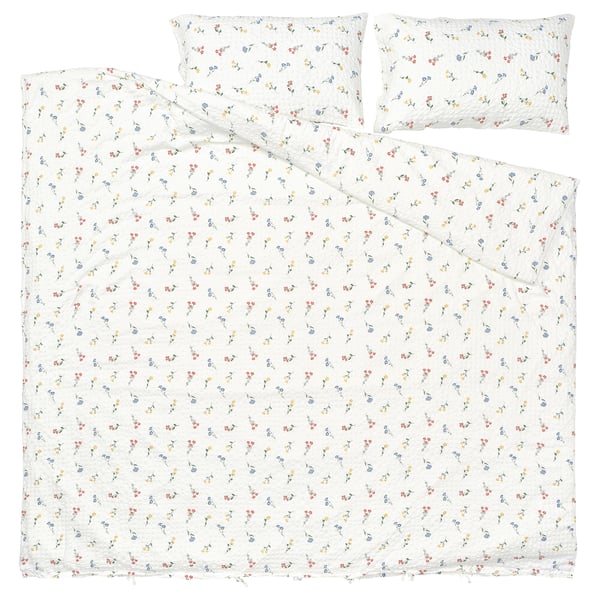 Floral PILDVÄRGMAL bedding set, white with seersucker texture, cotton-viscose blend, includes duvet cover and pillowcases with envelope closure.