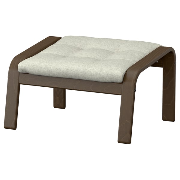 Poang footstool, light grey fabric, wooden frame, curved legs, square seat.