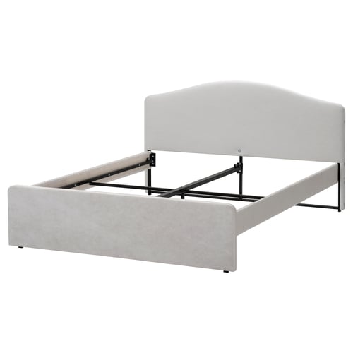 Light grey RAMNEFJÄLL bed, modern, minimalist design. Upholstered head and footboards, steel frame.