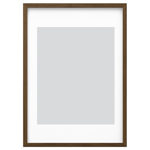 Brown wooden picture frame with white mat, rectangular shape, simple modern design.