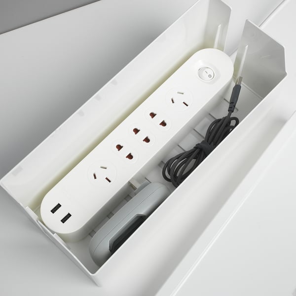 White surge protector with 3 outlets, 2 usb ports, cables, and plug.