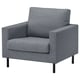 SALTSJÖBADEN grey fabric armchair with black legs, rectangular, modern design.