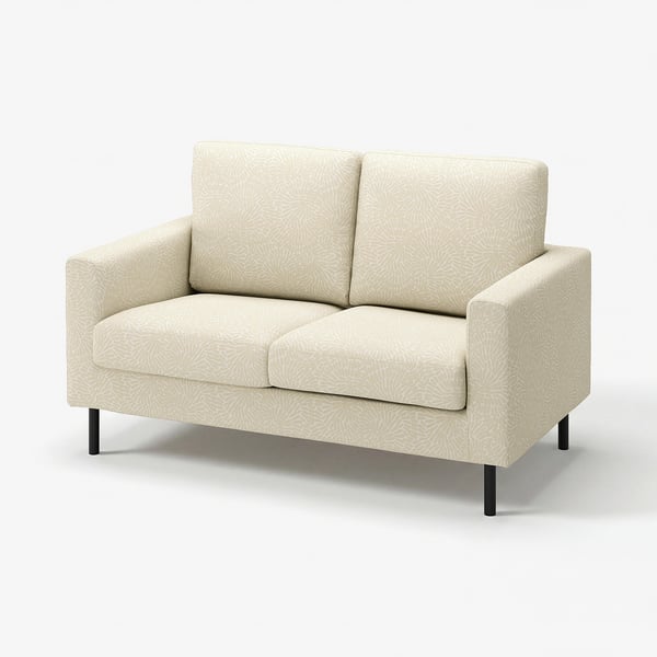 SALTSJÖBADEN beige sofa with floral pattern, soft cushions, light wood legs.