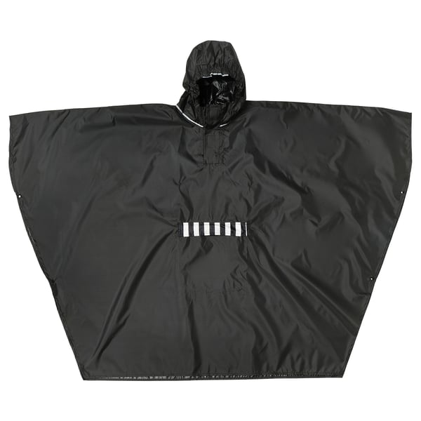 Black SALTSTEN poncho, large with hood, front pocket, folds into pocket, made of polyurethane and polyester.