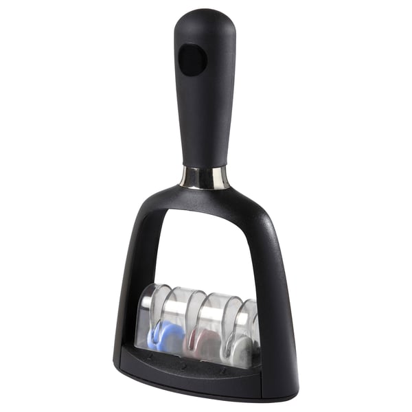 Black plastic knife sharpener with three slots for different sharpening levels.