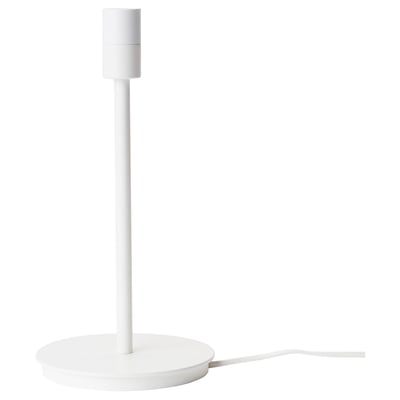 SKAFTET lamp base, white. Minimalist design with rod and round base, plastic and steel construction. Modern and simple, ready for lampshade or bulb.
