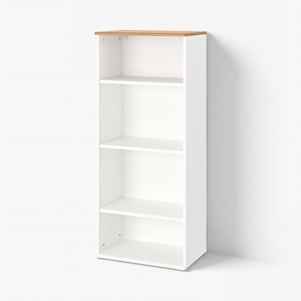 A white SKRUVBY bookcase with three shelves, wooden top, and modern design.
