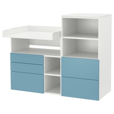 White and blue kids storage unit with shelves and drawers.