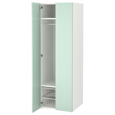 SMÅSTAD wardrobe, light green, white interior, soft-close hinges, adjustable feet, wire baskets.