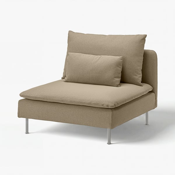 SÖDERHAMN beige chair, light grey fabric, slimline design, deep seat, high legs.