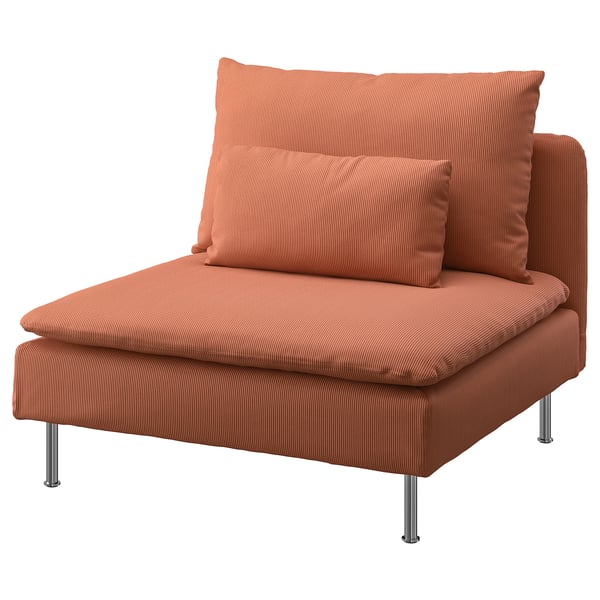 Soderhamn orange accent chair, modern design, chrome legs, upholstered in corduroy.