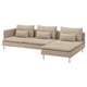 Modern beige sectional sofa with chaise, low profile, plush cushions, and sleek metal legs.