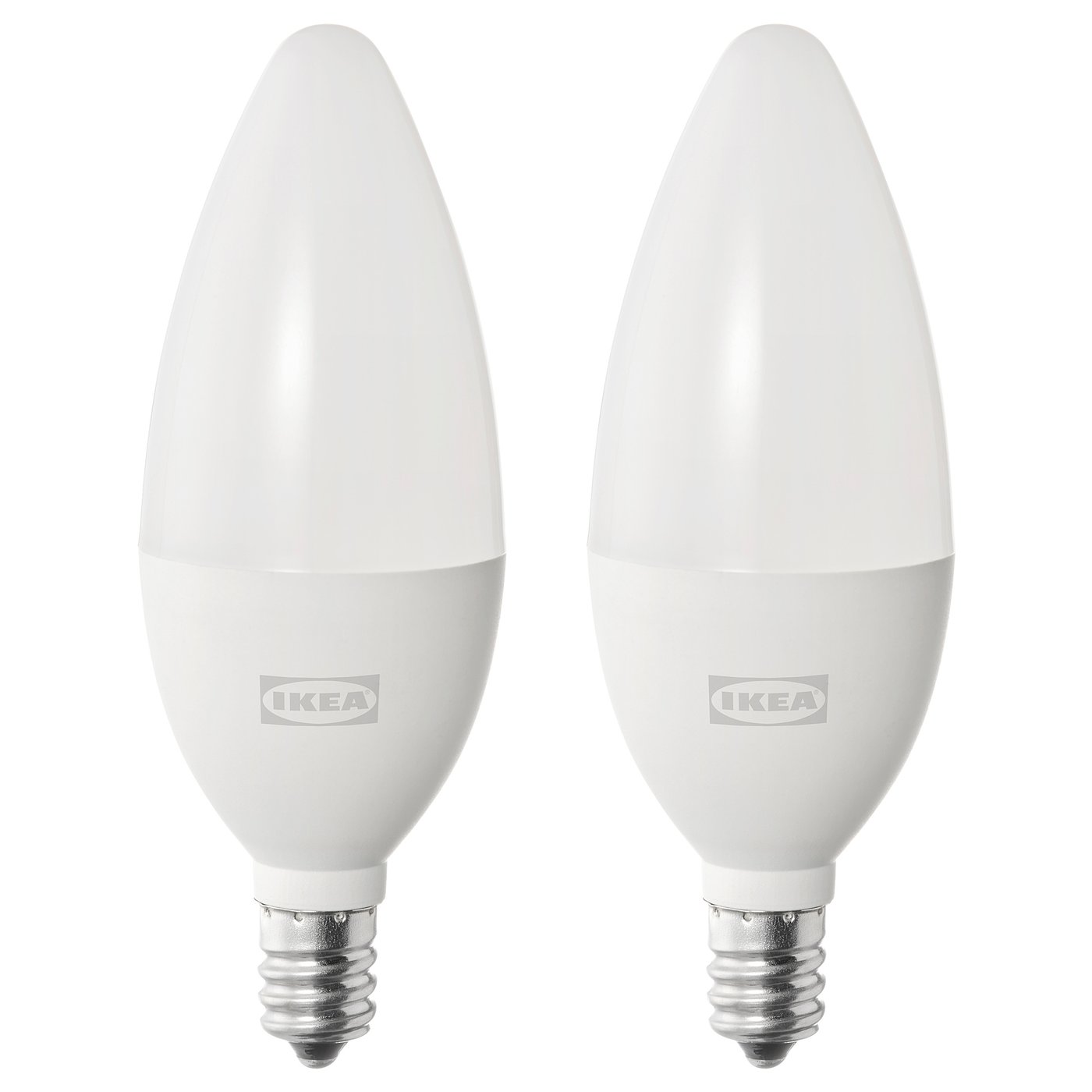 Two ikea SOLHETTA light bulbs, white, frosted glass-like cover, cylindrical shape with tapered ends, standing side by side.