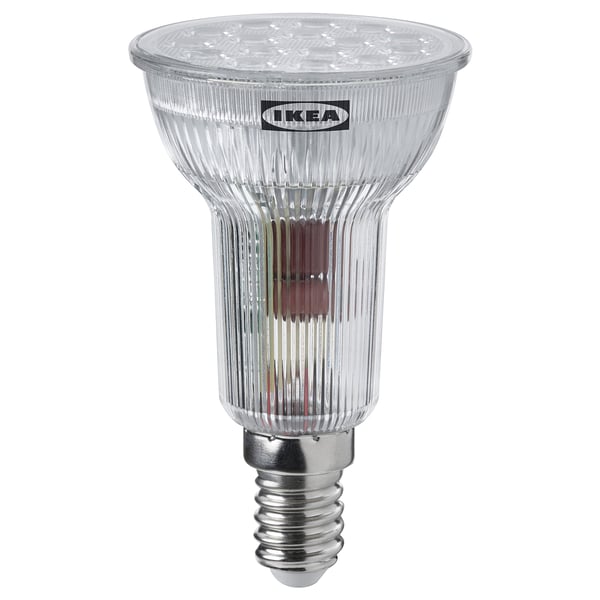 IKEAs SOLHETTA led bulb, warm-white, conical, durable plastic.