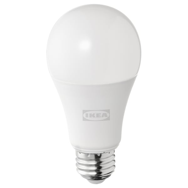 IKEAs SOLHETTA bulb, warm white led, round shape, durable plastic.