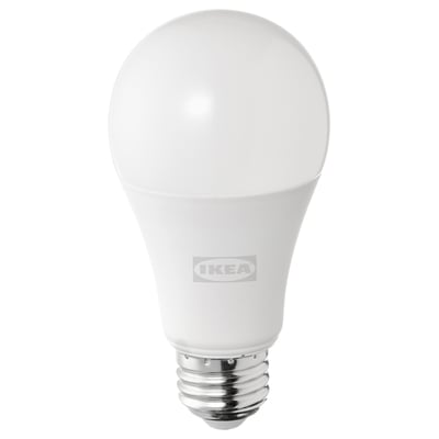 IKEAs SOLHETTA bulb, warm white led, round shape, durable plastic.