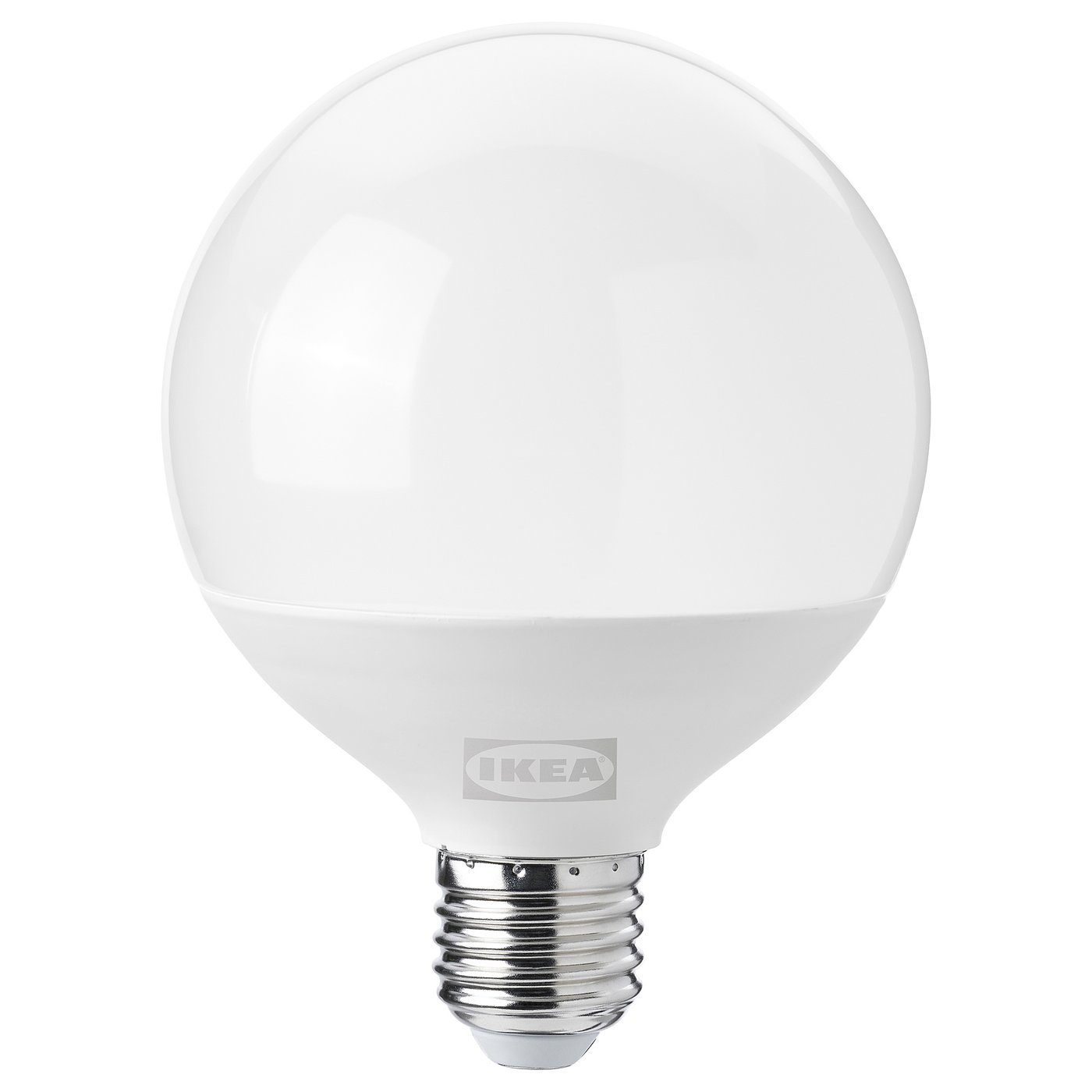 Ikea SOLHETTA bulb, white, globe-shaped, led, warm-white light.