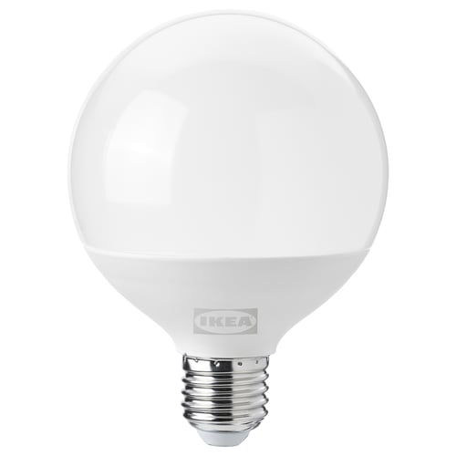 Ikea SOLHETTA bulb, white, globe-shaped, led, warm-white light.