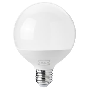 Ikea SOLHETTA bulb, white, globe-shaped, led, warm-white light.