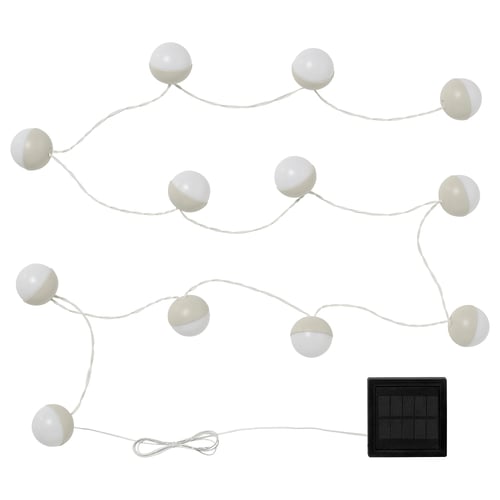 SOLVINDEN led string lights, white, spherical bulbs on flexible wire, powered by black solar panel.