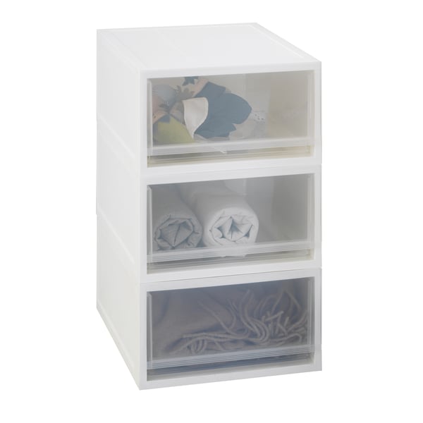 White storage unit with three transparent drawers, each containing folded clothes, easy to pull out.