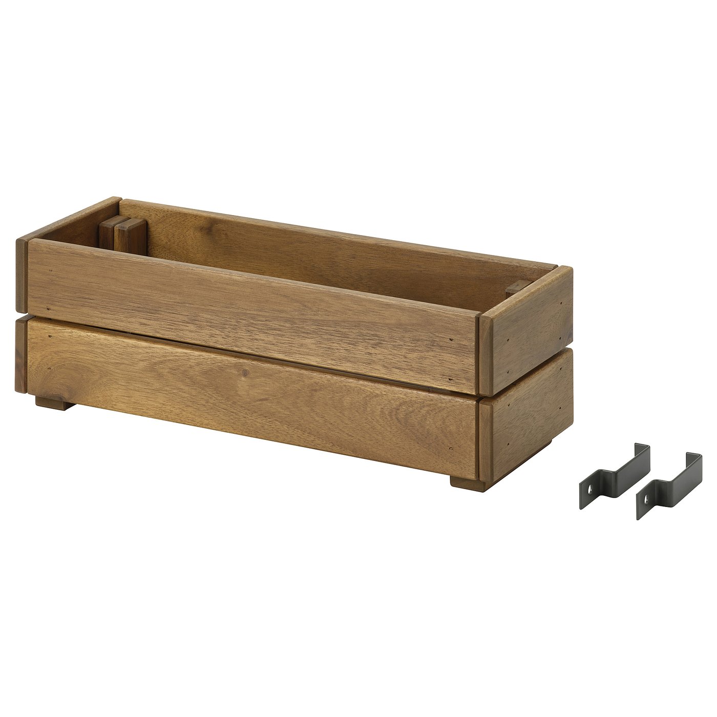 A STJÄRNANIS wooden plant box with wall brackets. Light brown, rectangular, durable acacia wood. Two wall mounting brackets included.
