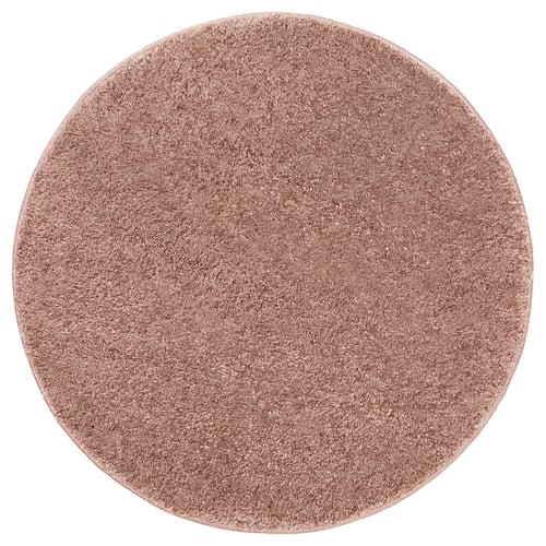 Round, pale pink rug, soft texture, 100% polypropylene, low pile, gentle sheen.